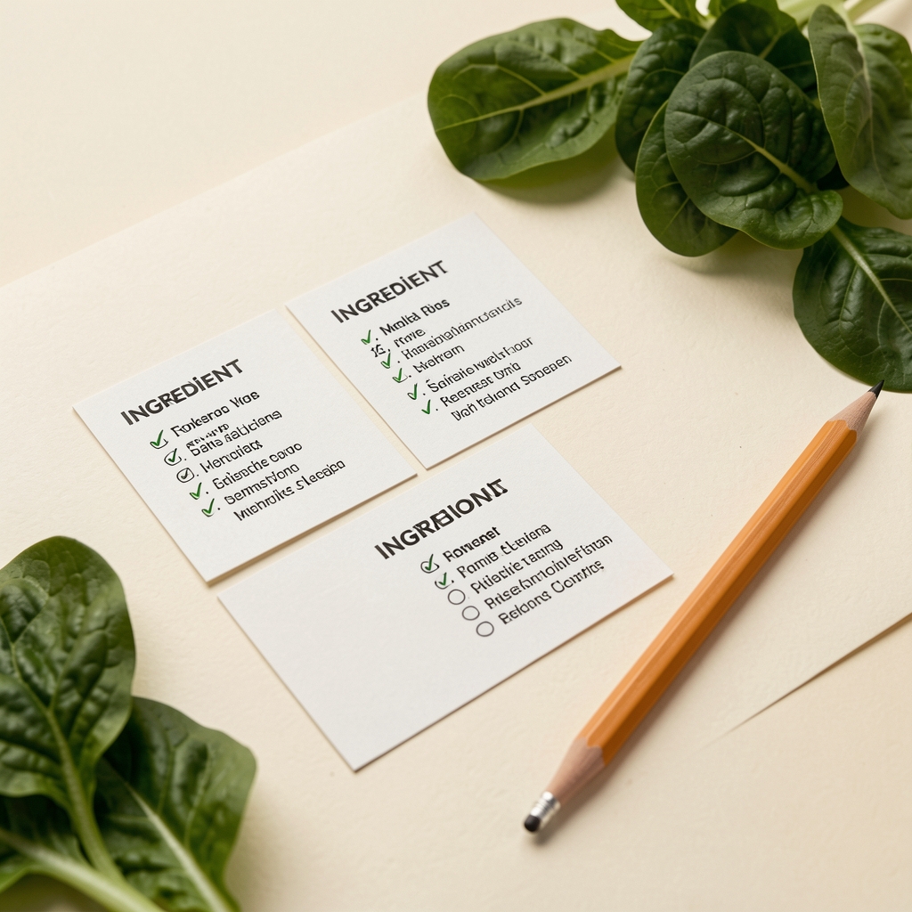 Close view of annotated ingredient cards, leafy vegetables and a pencil on cream paper