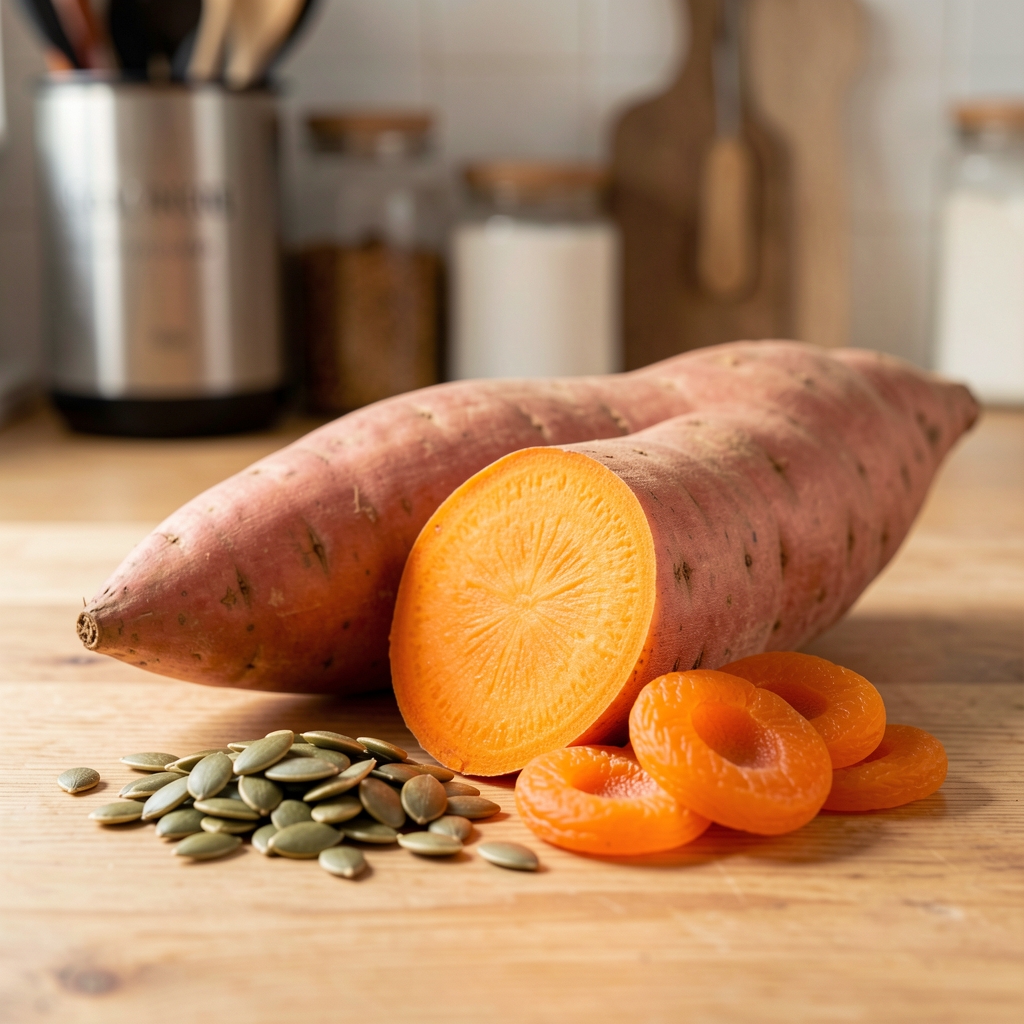 Bright orange sweet potato, pumpkin seeds and dried apricots arranged in a South African kitchen