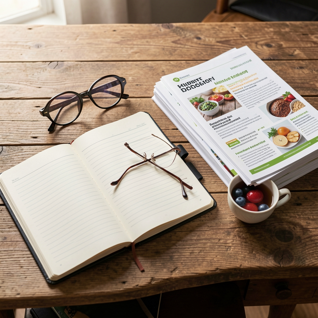 Wooden desk with an open notebook, reading glasses and a cup of tea beside a stack of nutrition articles