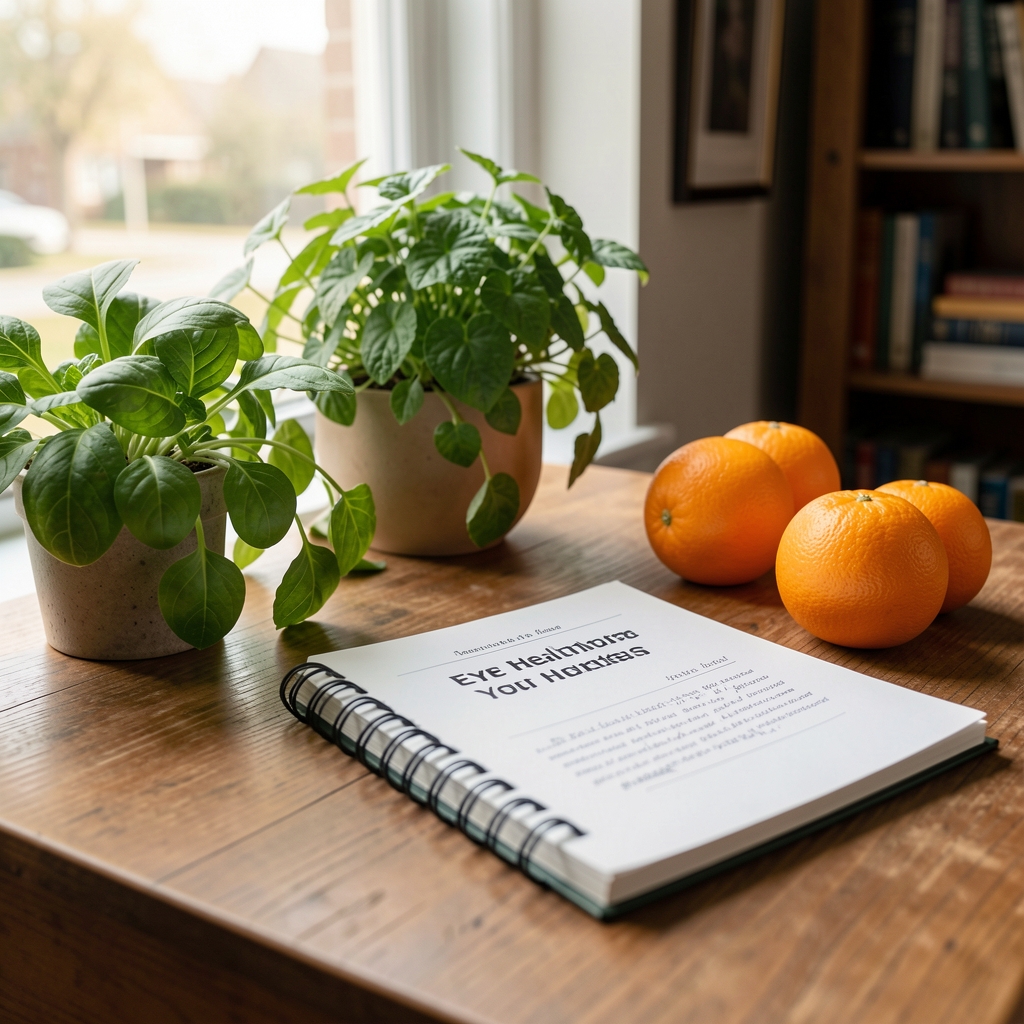 Sunlit Cape Town reading desk with leafy greens, citrus fruit and a notebook about eye health nutrition