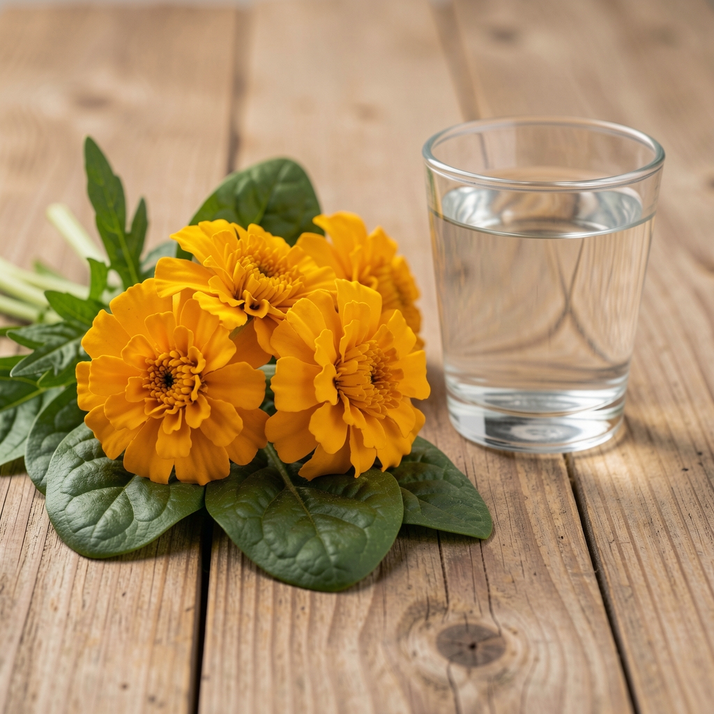 Golden marigold flowers beside spinach leaves and a glass of water on a natural wooden table