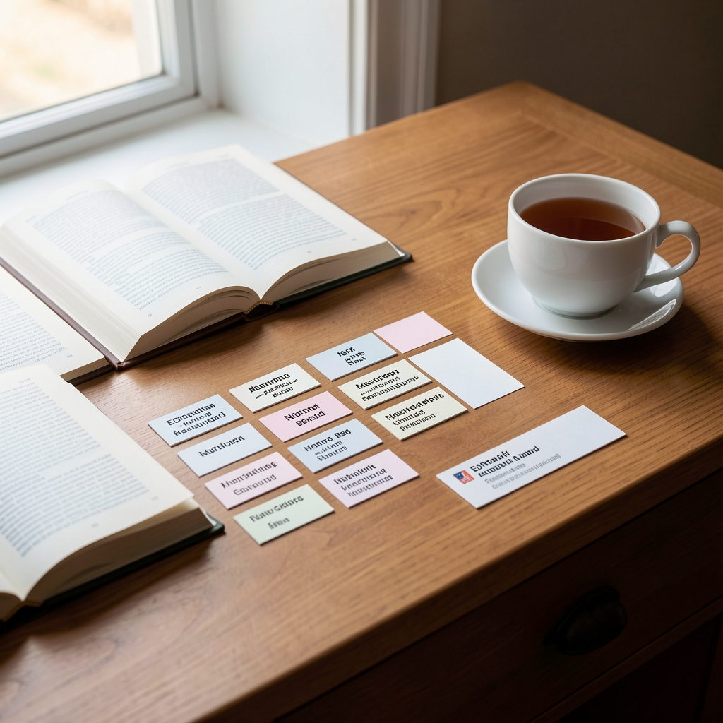 Editorial research board with labelled nutrient cards, open reference books and a cup of tea