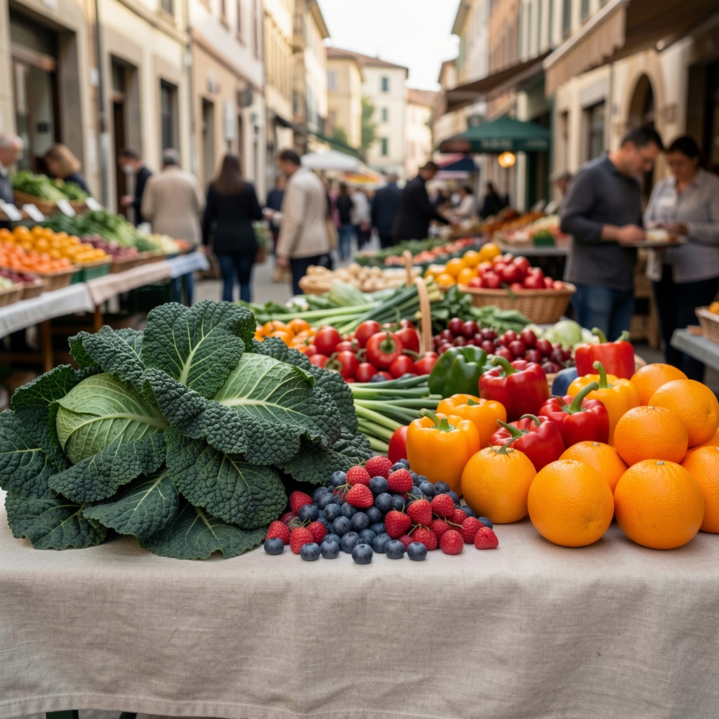 Colourful Cape Town market produce including kale, berries, peppers and citrus on a linen cloth