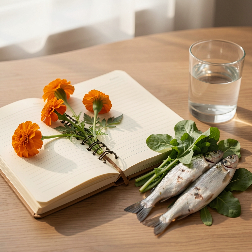 Open notebook beside marigold flowers, leafy greens, fish and a glass of water in soft morning light