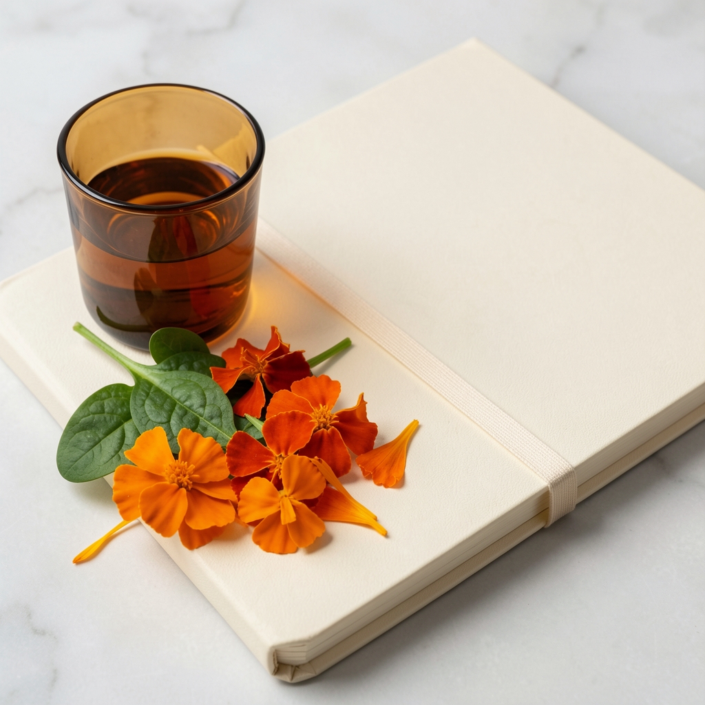 Marigold petals, fresh spinach and a small amber glass beside a cream notebook